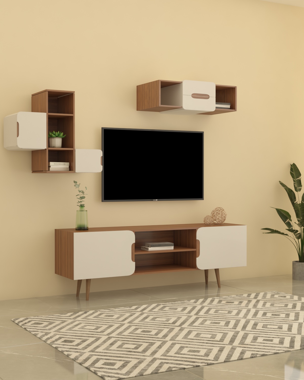 باکس دیواری تلویزیون سفید قهوه ای با دو باکس مدل T.W001